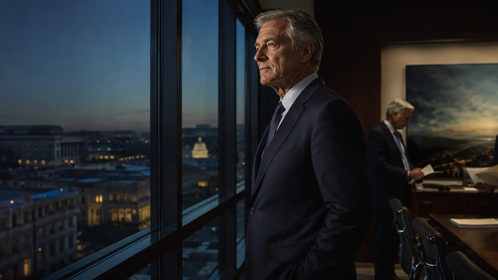Senior Washington lawyers overlooking federal institutions at blue hour